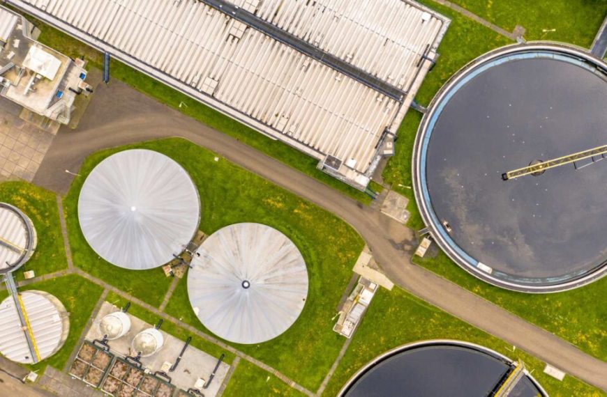 An aerial view of a water treatment plant.