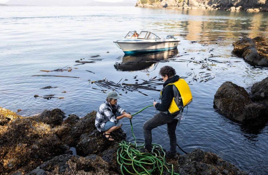 Two people standing on rocks next to a boat in the Southern Resident killer whale sanctuary.