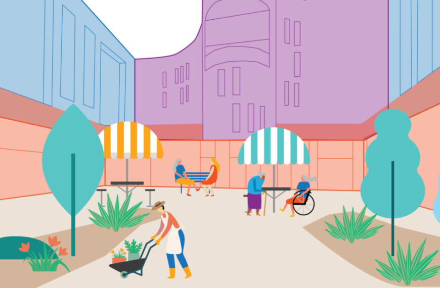An illustration showcasing the wellbeing of aging individuals in a housing courtyard filled with lush plants and joyful people.