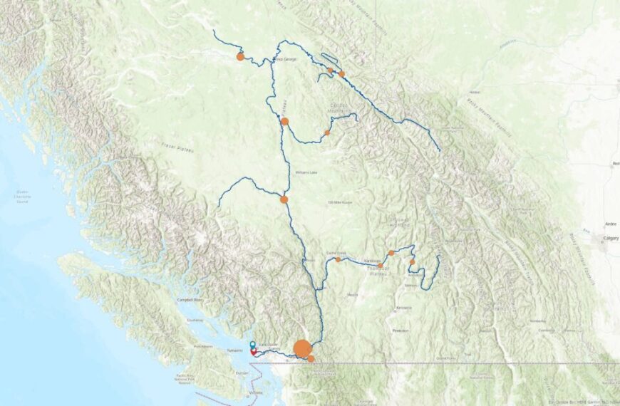 A map of British Columbia showcasing the trail route's connection to habitat restoration and fish passage along the Lower Fraser River.