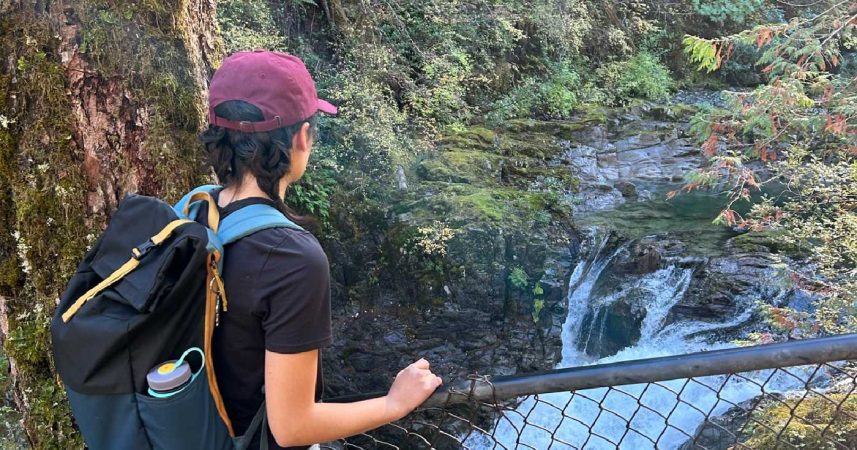 A nature nerd with a backpack admiring a waterfall.