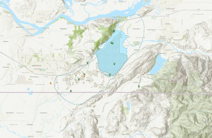 A map showing the location of Semá:th X̱ó:tsa (Sumas Lake) during the BC floods of 2021.