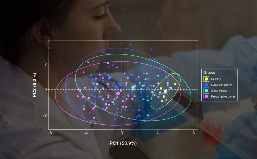 A woman in a lab coat is studying a graph representing Borrelia seroprevalence, which is crucial for understanding disease burden and chronic illness.
