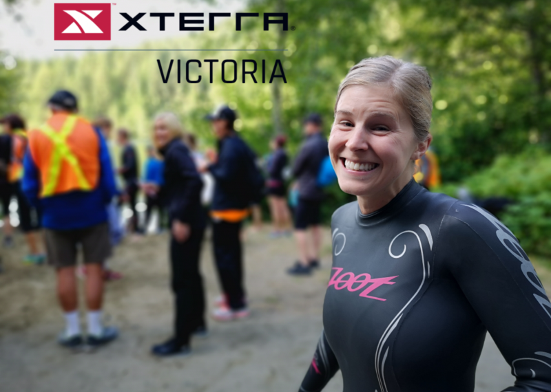 A woman in a wetsuit competing at the XTERRA Victoria National Championships.
