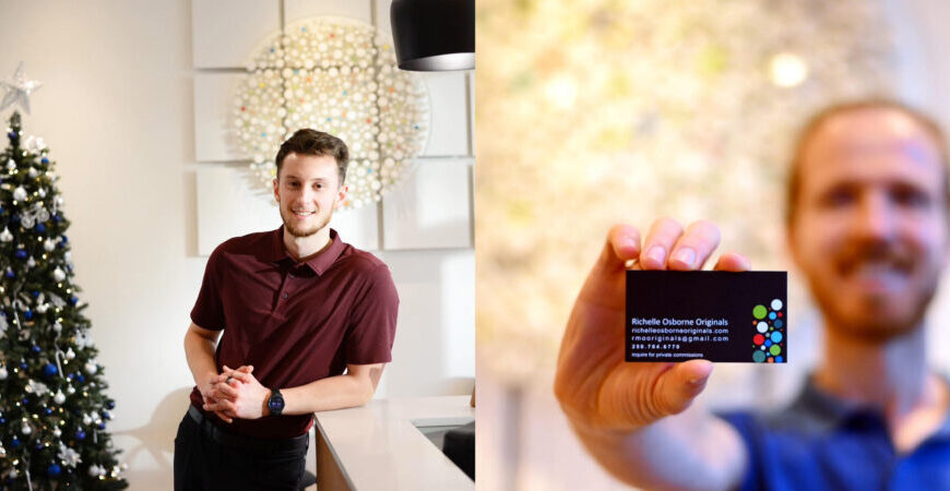 Two pictures of a man holding a business card in front of a Christmas tree during solstice.