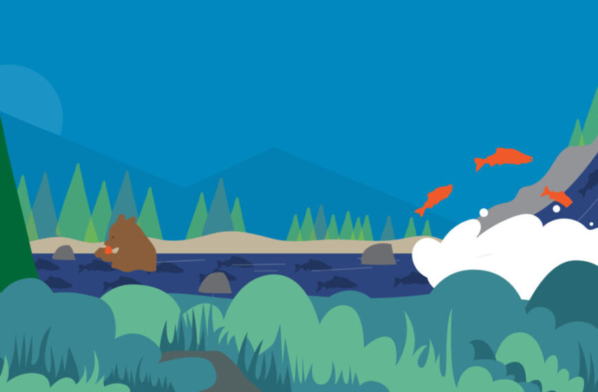 A cartoon of a wild river with a waterfall in the background.