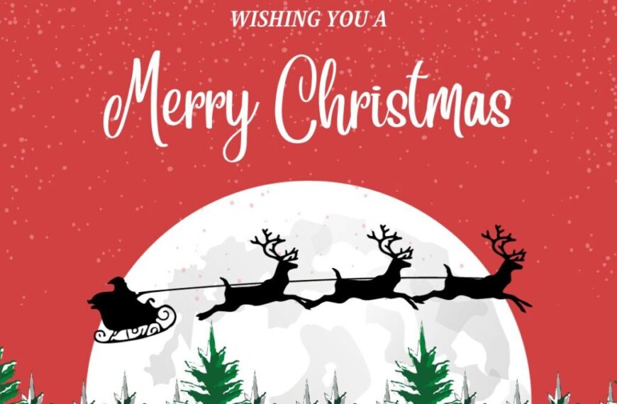 Merry christmas card with wrapped presents, santa and reindeer flying in a sleigh.