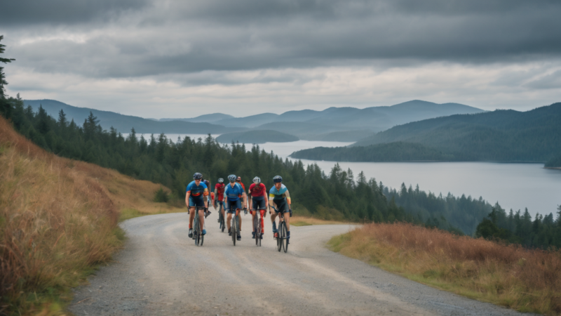 A group of cyclists unleashing adventure as they ride down a dirt road near a lake.