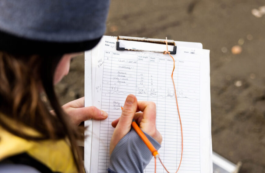 Job posting: A Salmon Conservation Technician is diligently holding a clipboard and writing on it as part of their responsibilities.