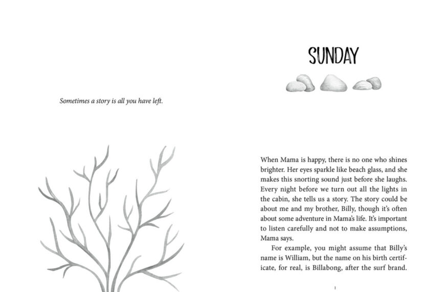 A spring-themed page from a book featuring a tree and some words.