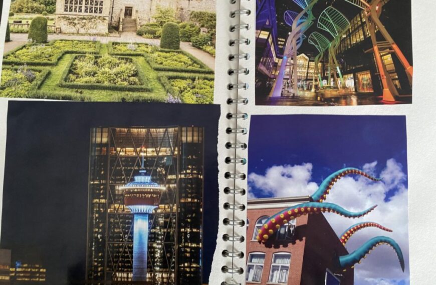 A mess of a notebook with pictures of a building and a squid.
