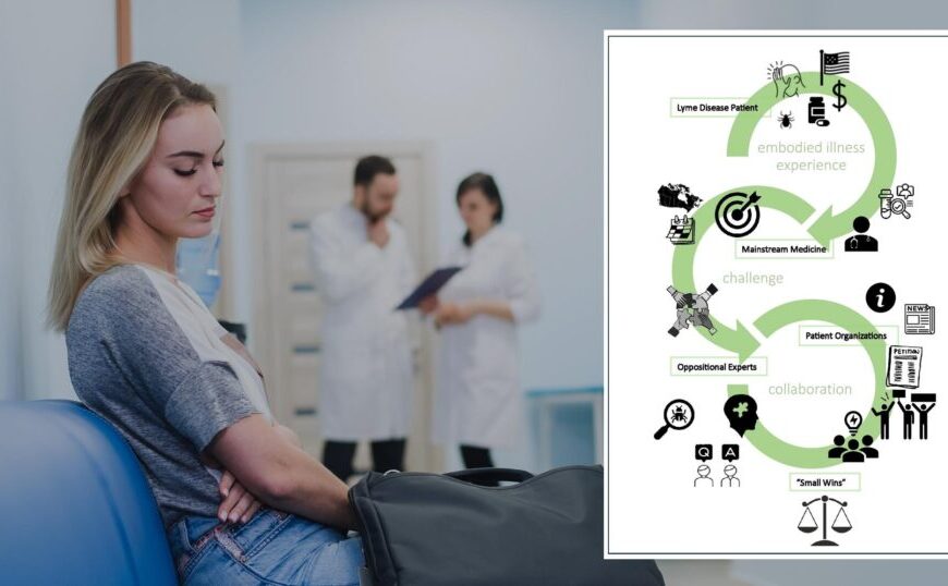 A woman sits on a couch and looks at a diagram, possibly related to Lyme patients or patient organizations.