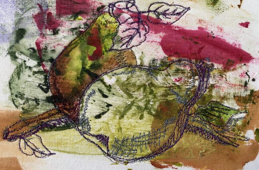 A slowly evolving painting of pears and leaves on a piece of paper, capturing the essence of getting back to normal.