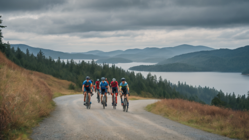 A group of cyclists riding down a dirt road near a lake during a bike course orientation event.