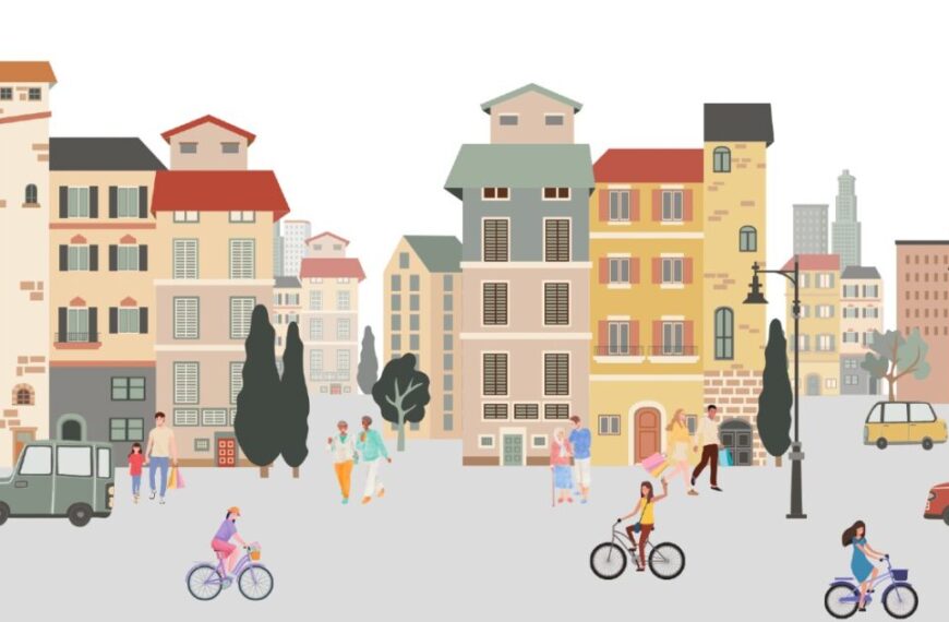 A bustling city scene with people walking and riding bikes, fostering social connections among resident surveys in multi-unit housing.