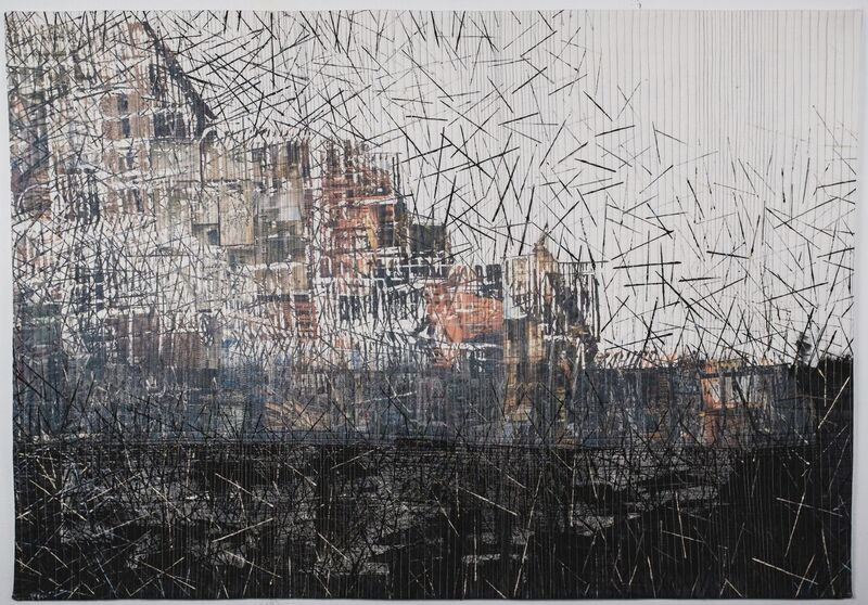 A black and white painting of a city, featuring paper lamination.