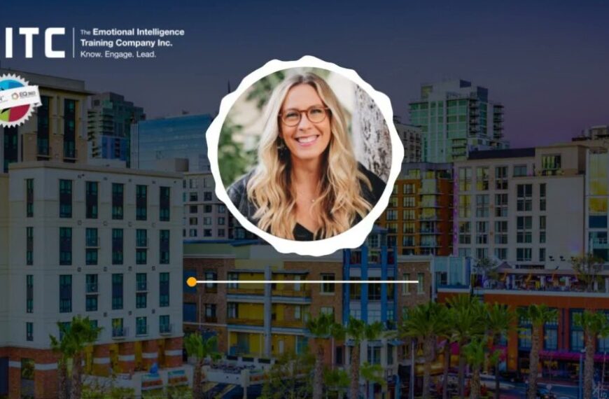 Company advertisement for the emotional intelligence training company featuring a smiling woman and an urban backdrop, highlighting our EQ-i 2.0 Certification Course with expert Erica Zygelman.
