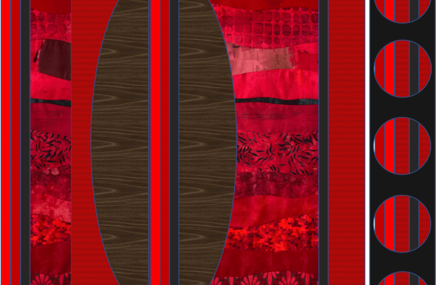 Abstract geometric artwork, an inspiration with a combination of red textures and wood grain patterns, offset by vertical and circular stripes.