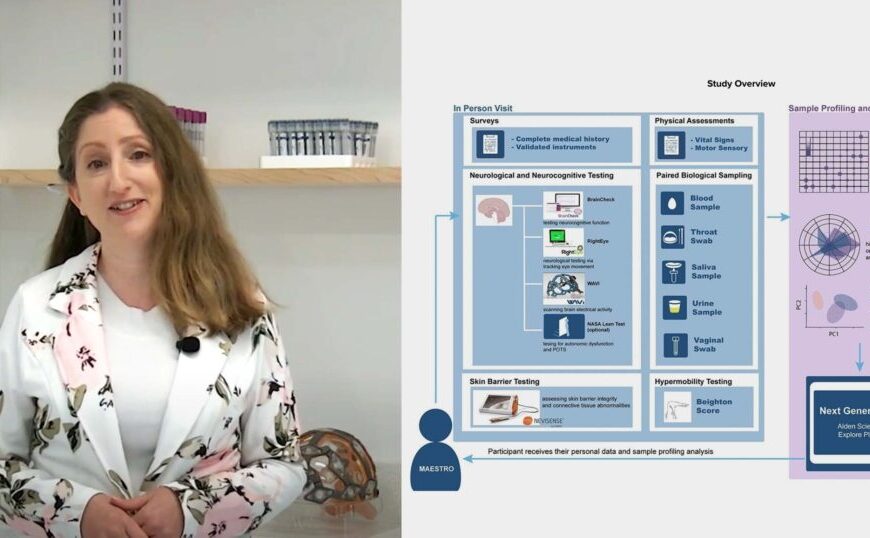 A woman smiling during a medical presentation on chronic Lyme disease.