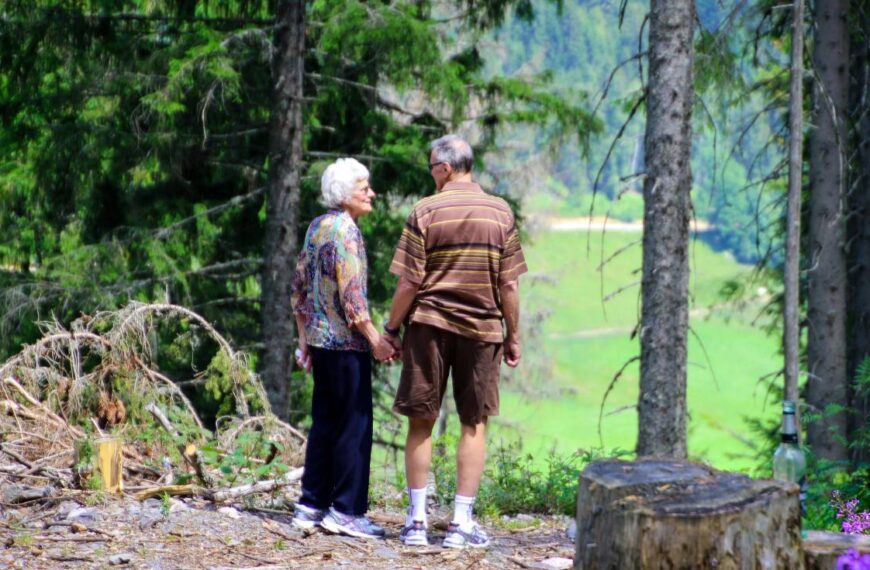 Two elderly people, one in a colorful blouse and the other in a brown striped shirt and brown shorts, stand holding hands in a forest with green fields visible in the background, contemplating different scenarios of climate change.