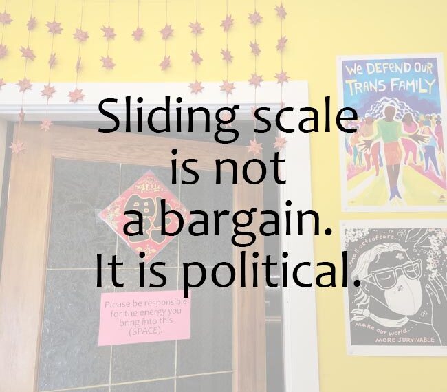 A door adorned with various posters and signs, including one stating "Sliding scale is not a bargain. It is political." Another boldly declares, "We defend our trans family," while a third features an illustration of a mask.