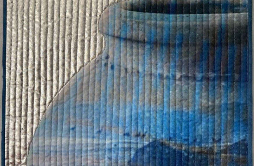 A detailed close-up of a blue and grey pottery vase, partially obscured by vertical lines or texture overlay. The lines create a ribbed effect over the image, reminiscent of ancient ruins frozen in time.