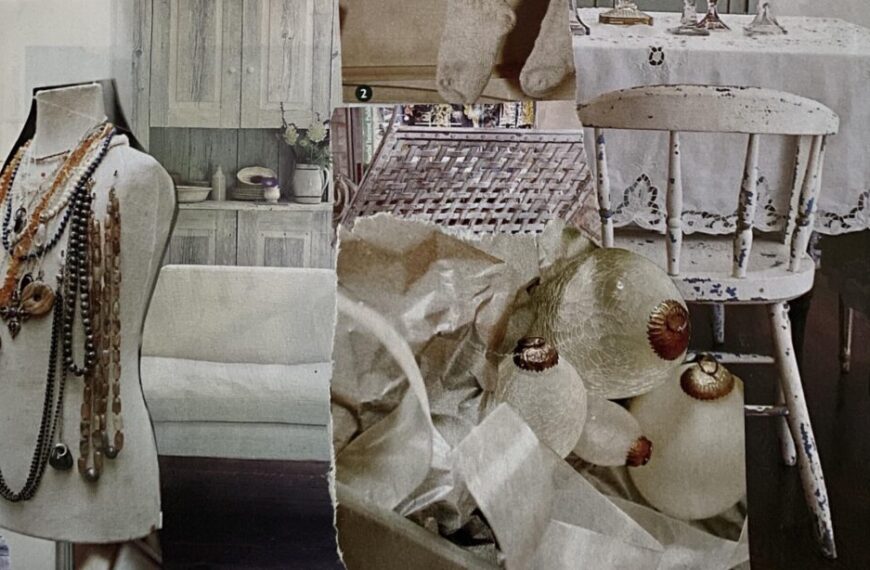 Inspired by a love for vintage aesthetics, this collage features a mannequin adorned with layered necklaces, various glass ornaments, a wicker basket, and an antique white chair and table with lace-trimmed cloth.
