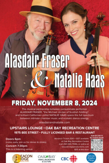 Join us for an exhilarating concert with Alasdair Fraser and Natalie Haas on Friday, November 8, 2024, at Oak Bay Recreation Centre. Experience a night of captivating music. Event details, time, and sponsors included.