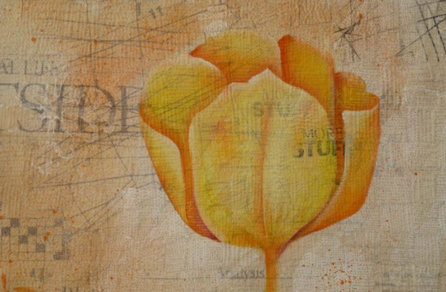 Oh! The In-Betweens: A single yellow tulip painted on a textured, beige background with faint text and geometric sketches.
