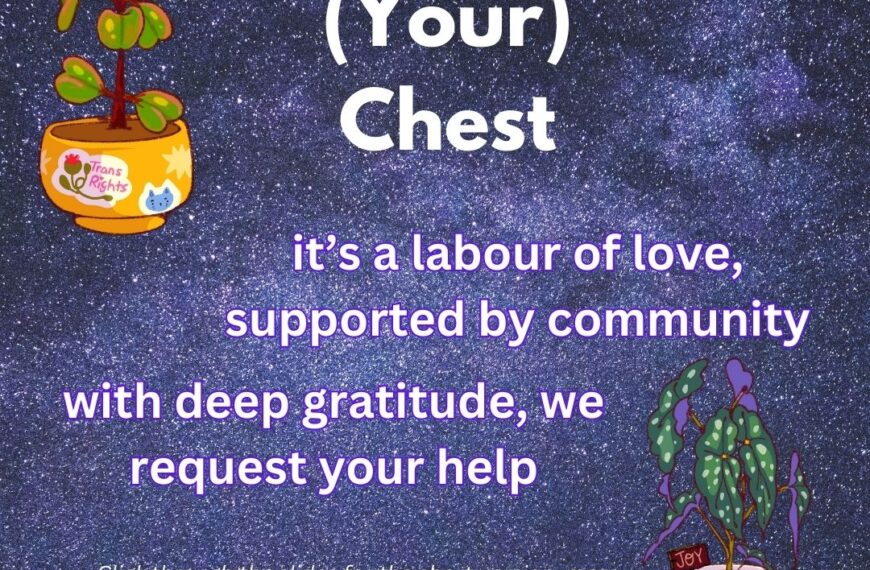 Text on a starry background with potted plants reads: "Pleasure (Your) Chest" with a heartfelt request for support of the Community Care Fund. Follow @belovedcoaching and @softtouchbodies for more information.