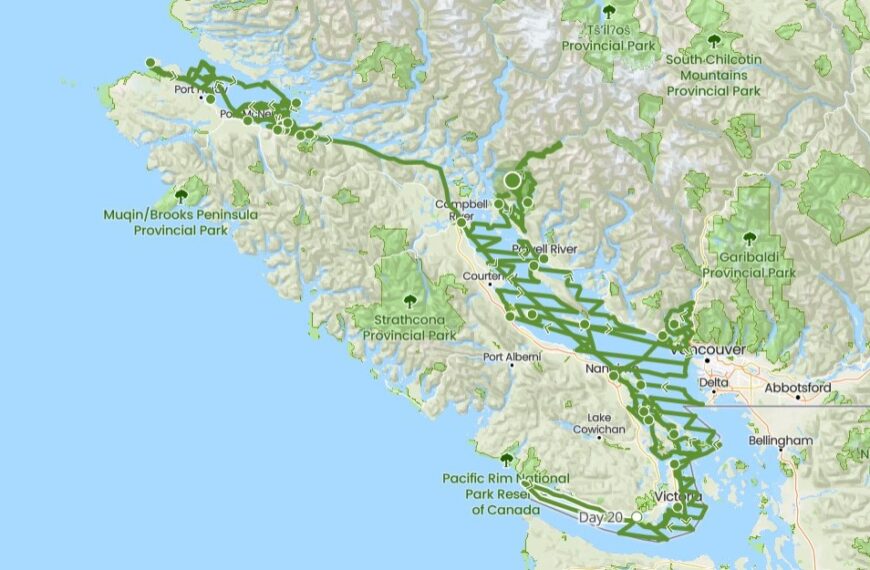 A map showing a route through various locations in British Columbia, including Vancouver, Victoria, Campbell River, and Pacific Rim National Park, with green lines indicating the travel path of the research vessel Achiever.