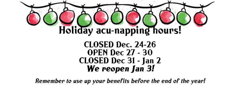 Festive lights illustration with the text: "Holiday hours at Heart & Hands! Closed Dec. 24-26, 31-Jan 2. Open Dec. 27-30; we reopen Jan 3, 2024! Remember to use your benefits before year-end!