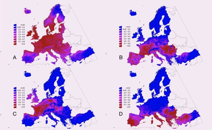 Four maps of Europe display color-coded variations relating to tick-borne pathogen risk. Each map, labeled A, B, C, and D, utilizes a scale from blue to red for data value differences. Insights are enhanced by machine learning algorithms that interpret complex patterns effectively.