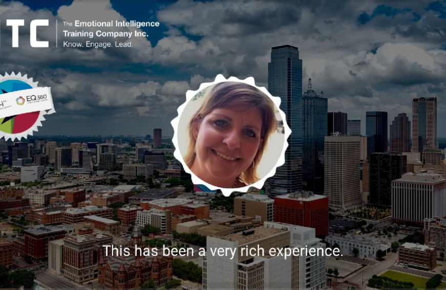 A city skyline with tall buildings features Melanie Florsheim's photo in a circular frame, accompanied by the text "This has been a very rich experience" below. The EITC logo and text are elegantly positioned in the upper left corner.