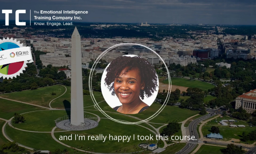 Smiling person in a circular frame over a cityscape with the Washington Monument. Text: "The Emotional Intelligence Training Company Inc." (EITC) with badges for EQ-i 2.0 Certification and EQ 360, featuring renowned trainer Rainea Cumberbatch.
