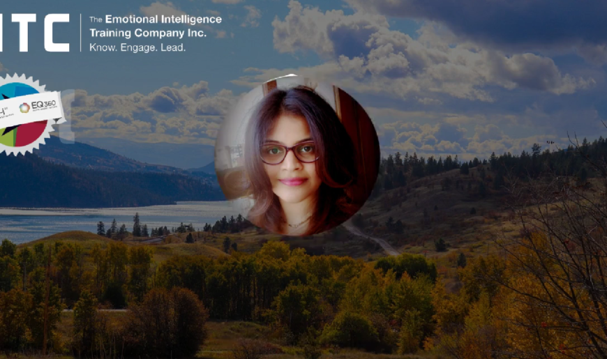 Portrait of a woman with glasses, overlaid on a scenic landscape of hills and water. Text reads "Emotional Intelligence Training Company Inc." (EITC) with logos at the bottom. Featuring insights into EQ-i 2.0 Certification by Shweta Thakur.