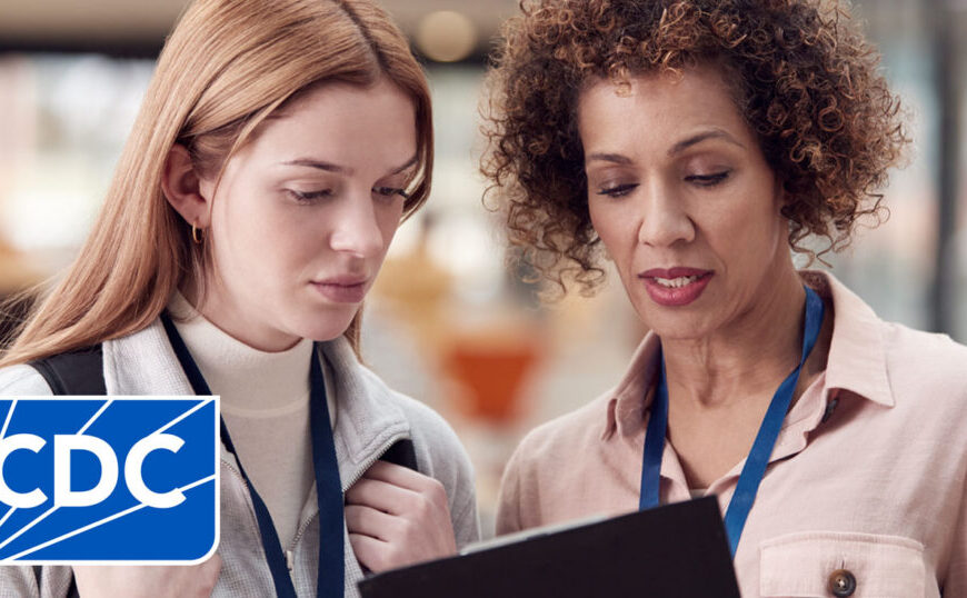 Two people with lanyards look at a tablet together indoors, likely discussing the effectiveness of antibiotics for treating Chronic Lyme. A blue CDC logo is in the lower left corner.