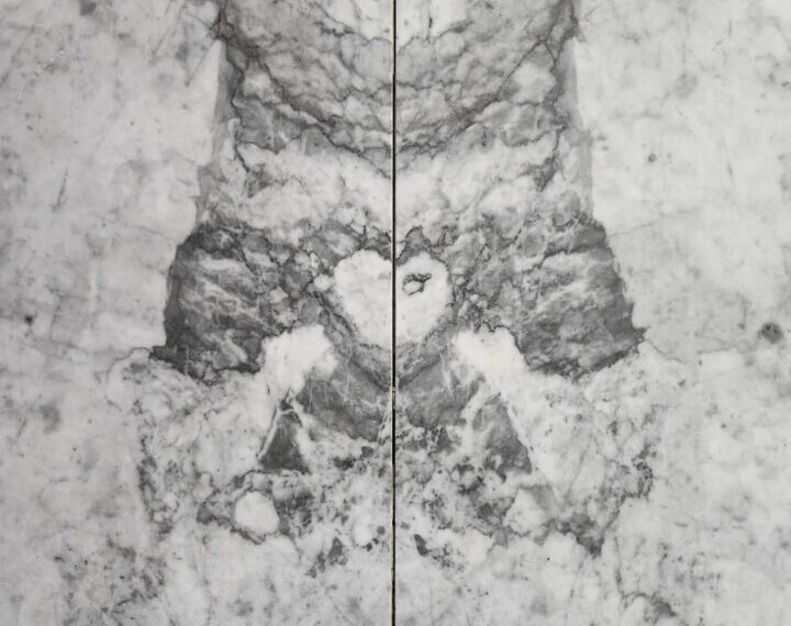 Large marble tiles with a symmetrical gray and white veined pattern, resembling a mirrored or abstract design, evoke a sense of synergy in their harmonious blend of colors.