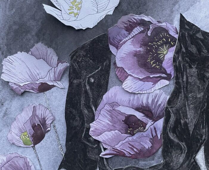 Illustration of purple flowers and a black jacket on a gray background, subtly conveying the theme of de-armouring, with one white flower in the top left corner.
