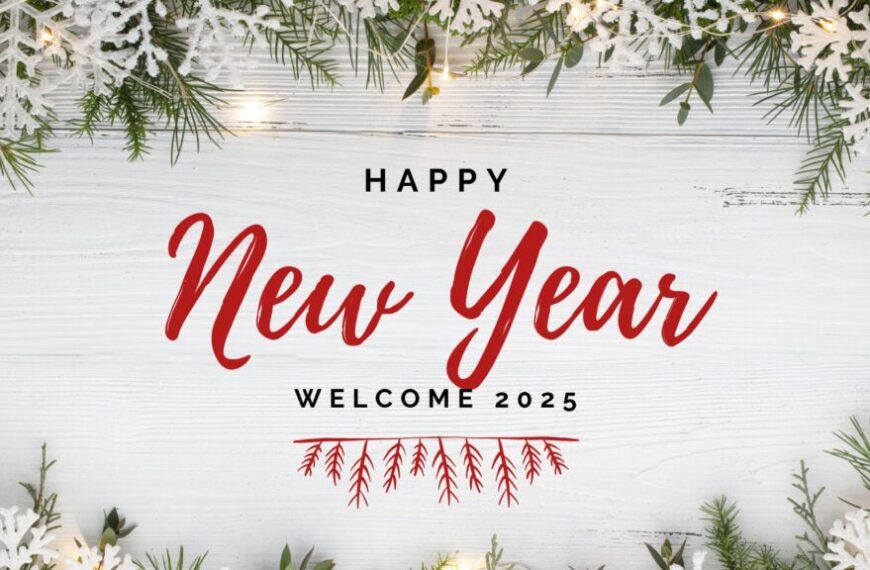 Festive New Year card with "Happy New Year, Welcoming 2025" in red script on a wooden background, surrounded by pine branches and snowflakes.