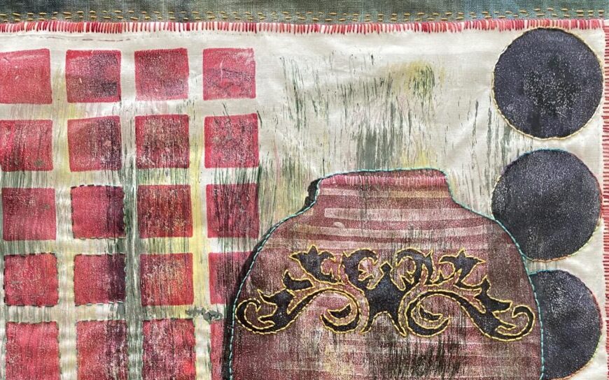Inspired quilt art depicting a vase with ornate patterns, red squares on the left, and three black circles on the right, set against a textured background. The stitch and print techniques highlight its intricate design.