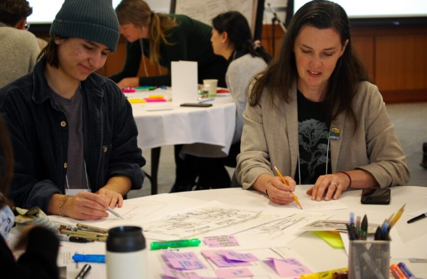 People engaged in a lively design jam, working on a large sheet of paper surrounded by pens, markers, and sticky notes. The session fosters creativity and innovation towards resilient housing solutions.