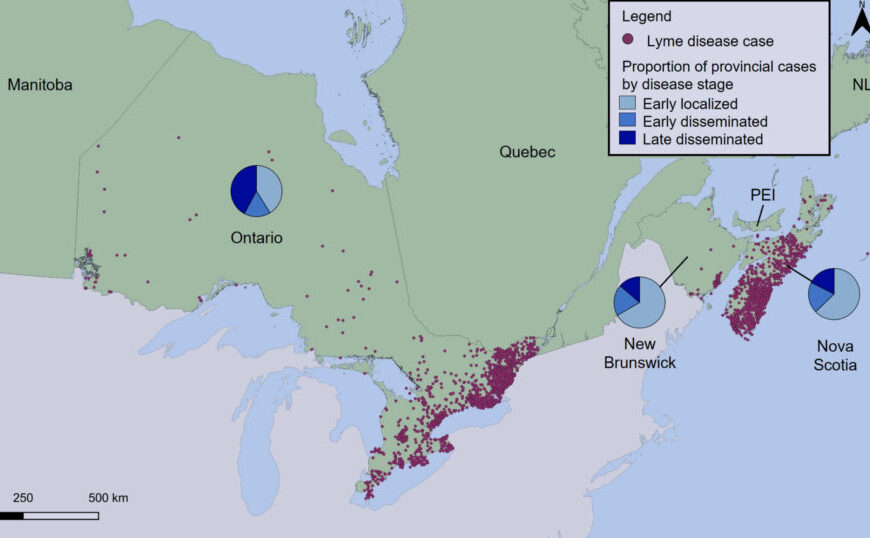 A detailed epidemiology map showcases Lyme disease cases in Eastern Canada, featuring pie charts that illustrate disease stages across the provinces: Ontario, New Brunswick, Nova Scotia, and PEI.