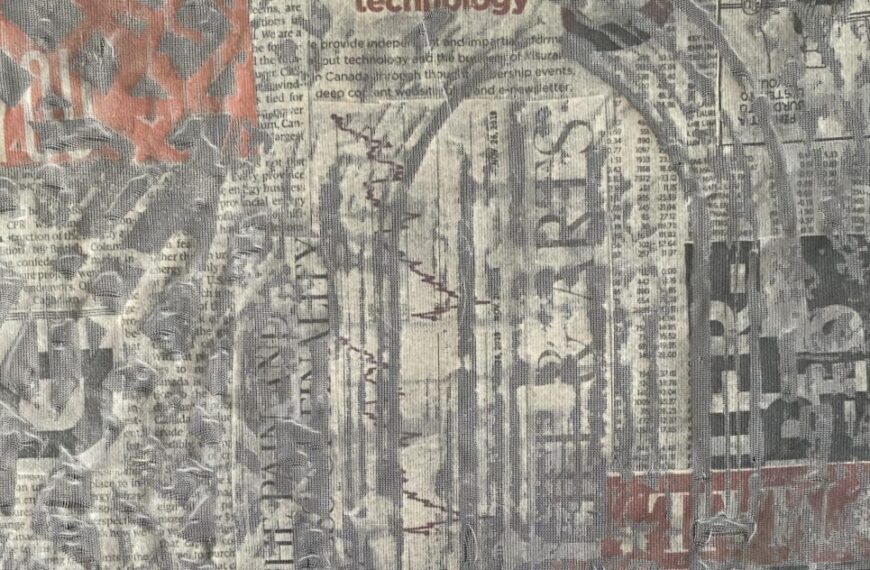 A collage of torn newspaper clippings in grayscale, featuring text about technology and other topics intertwined with themes of identity and self-discovery, all layered in textures and an abstract design.