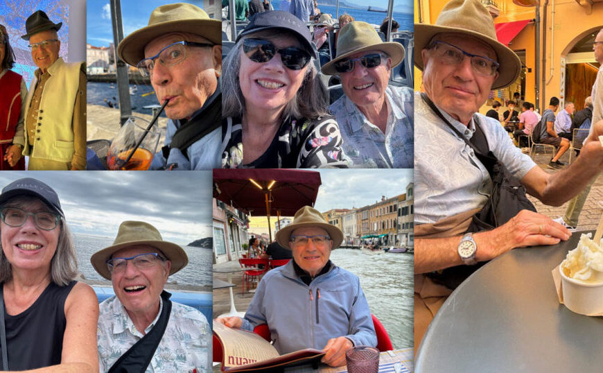 A collage of six photos captures a tribute to Reuben Kaufman, showcasing an older couple enjoying various outdoor activities like dining and sightseeing in sunny settings. As they embrace the beauty of the outdoors, these vibrant moments celebrate a life filled with exploration and joy.
