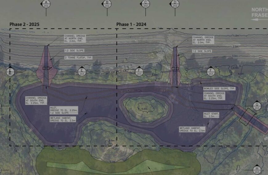 Topographic engineering plan illustrating a phased construction layout for a site near North Arm Fraser River, including habitat restoration elements around Woods Island Marsh, detailing contours, slopes, and proposed infrastructure for 2024 and 2025.