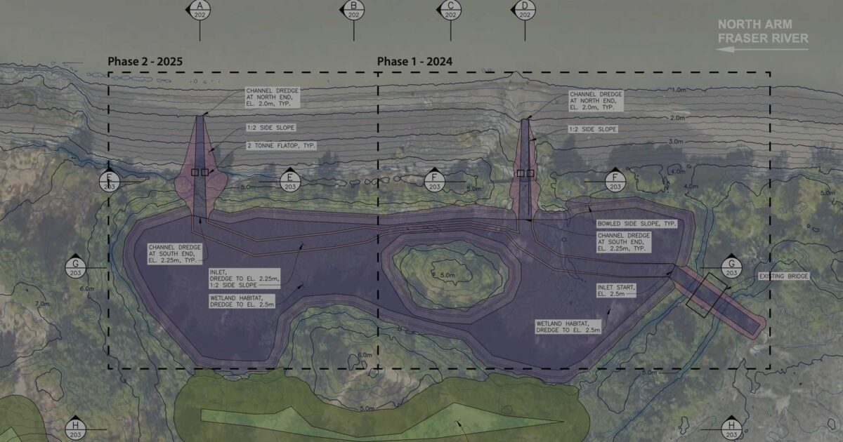 Habitat restoration occurring in the Woods Island Marsh in the Fraser River Estuary