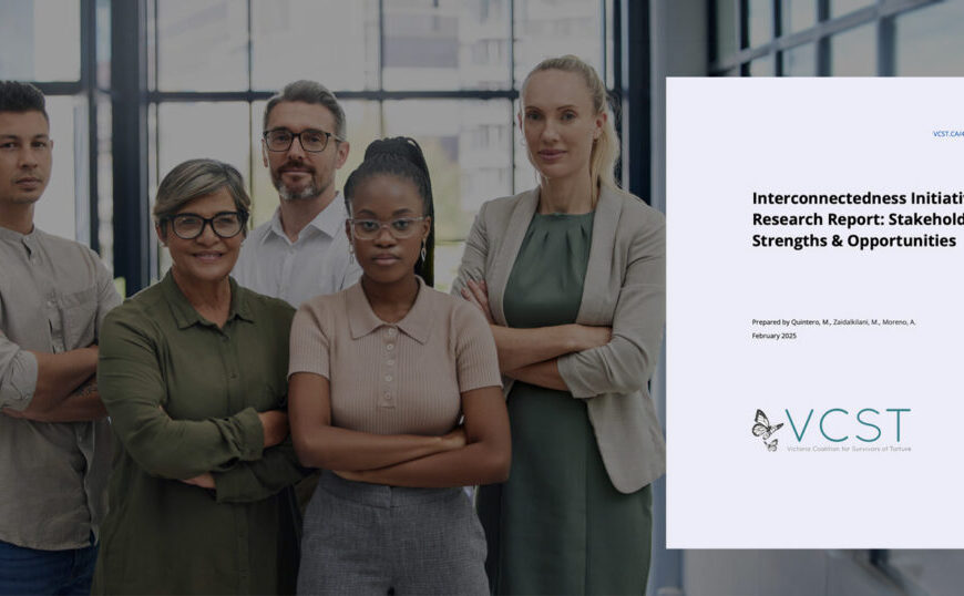 A group of five diverse adults in business attire stands confidently beside a research report titled "Interconnectedness Initiative: Stakeholder Strengths & Opportunities" by VCST.