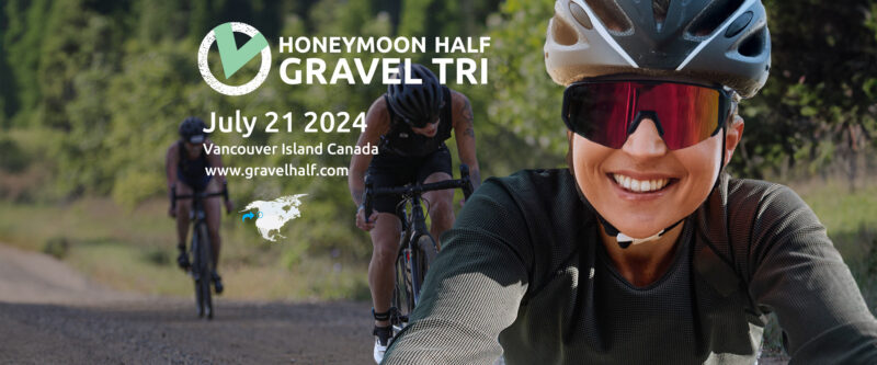Cyclists cruise along a scenic gravel path at the Honeymoon Half Gravel Tri. Join us on July 21, 2024, on Vancouver Island, Canada. For event details and to check race results after the event, visit www.gravelhalf.com.