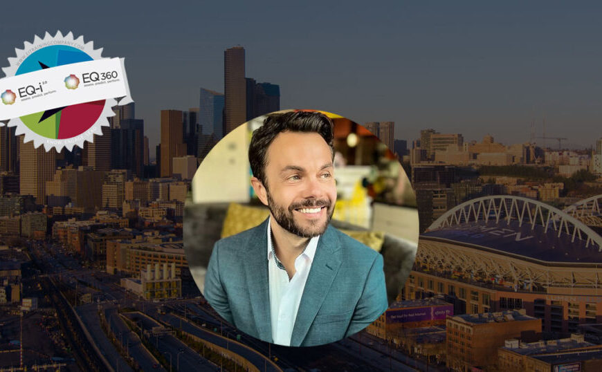 David VanGeystel, in a blue suit, smiles in a circular frame against a city's skyline. The backdrop showcases a stadium and towering buildings. Badges labeled EQ-i 2.0 Certification and EQ 360 are prominently displayed at the top left, earning him rave reviews for his emotional intelligence expertise.